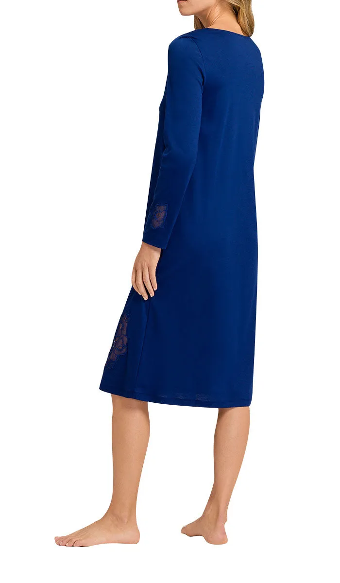 Hanro 100% Cotton Nightgown with Long Sleeve in Space Blue Paola 6054