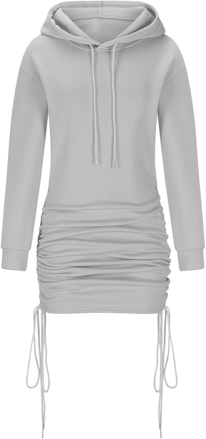 HGps8w Women's Hoodie Dresses Long Sleeve Drawstring Ruched Side Pullover Bodycon Short Sweatshirt Dress