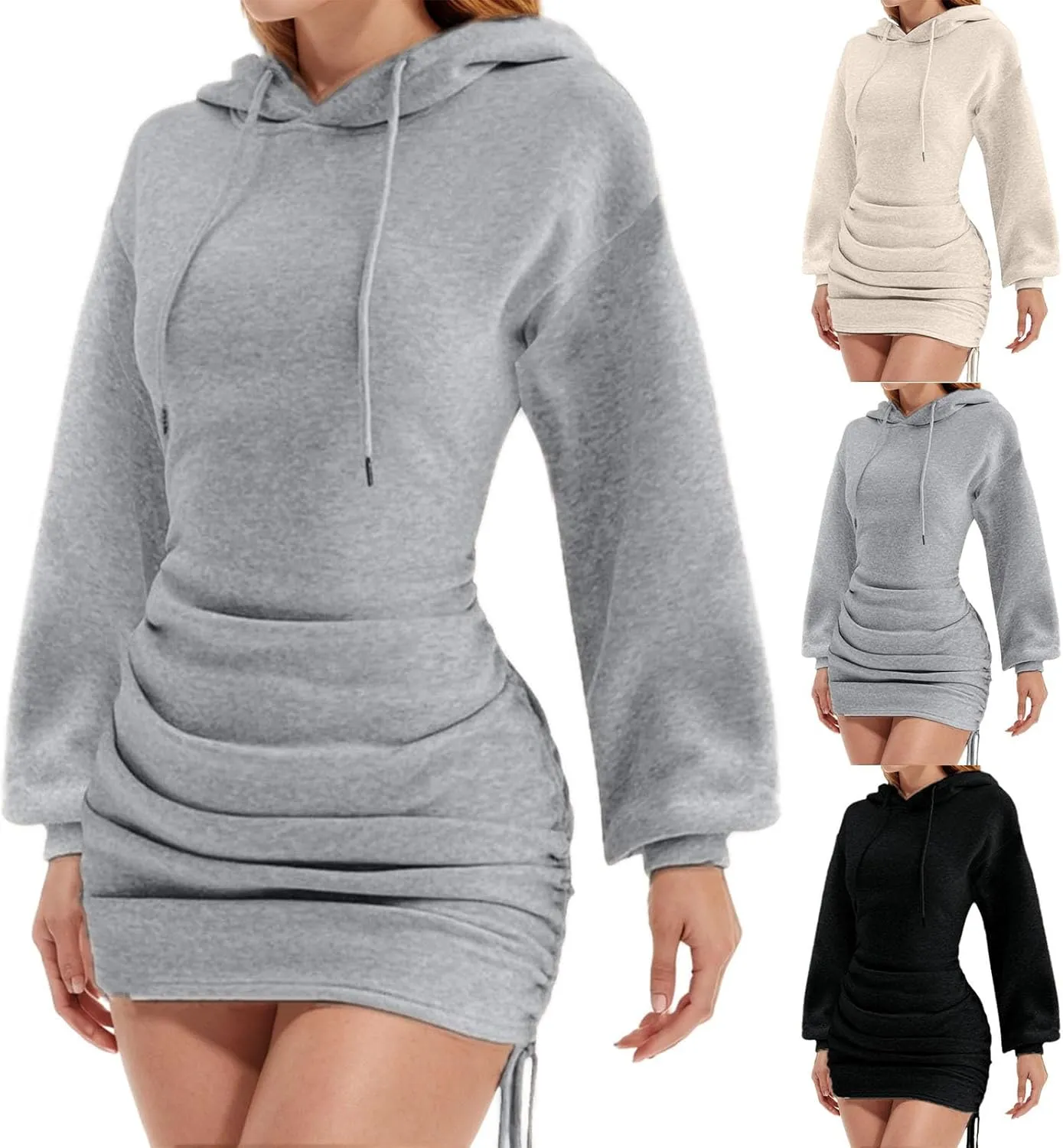 HGps8w Women's Hoodie Dresses Long Sleeve Drawstring Ruched Side Pullover Bodycon Short Sweatshirt Dress