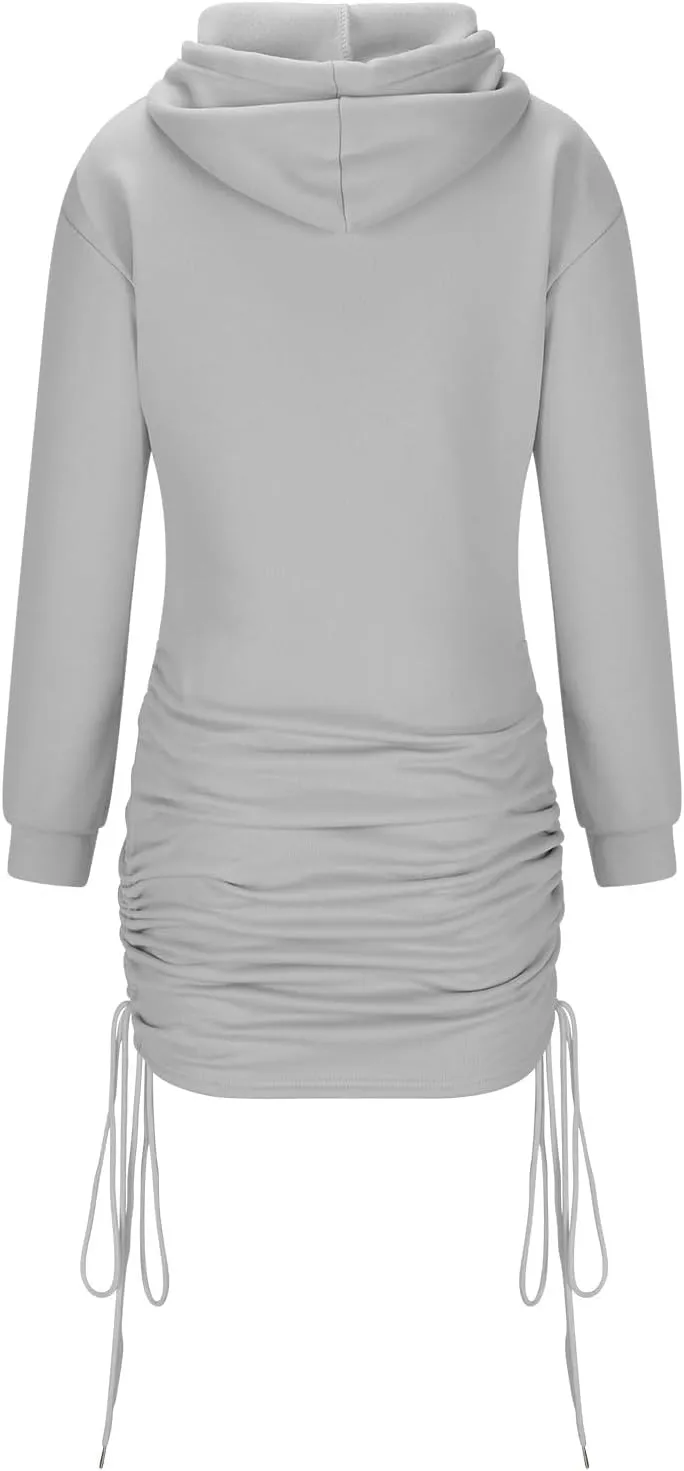 HGps8w Women's Hoodie Dresses Long Sleeve Drawstring Ruched Side Pullover Bodycon Short Sweatshirt Dress