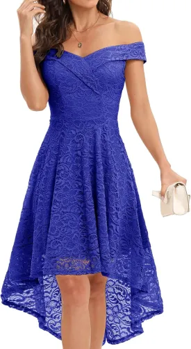 HomRain Women's Elegant Floral Lace Dress Off The Shoulder High Low Hem Dresses for Wedding for Cocktail for Party