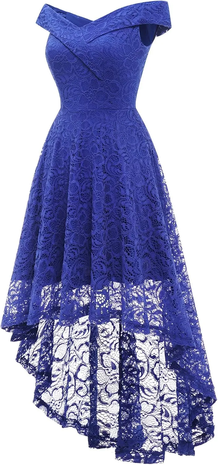 HomRain Women's Elegant Floral Lace Dress Off The Shoulder High Low Hem Dresses for Wedding for Cocktail for Party