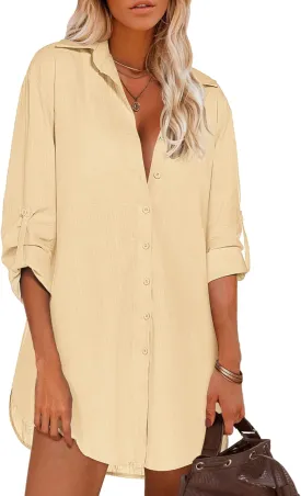 HOTOUCH Women Boyfriend Shirts Button Down Long Sleeve Blouse Cuffed Sleeve Collared Shirt