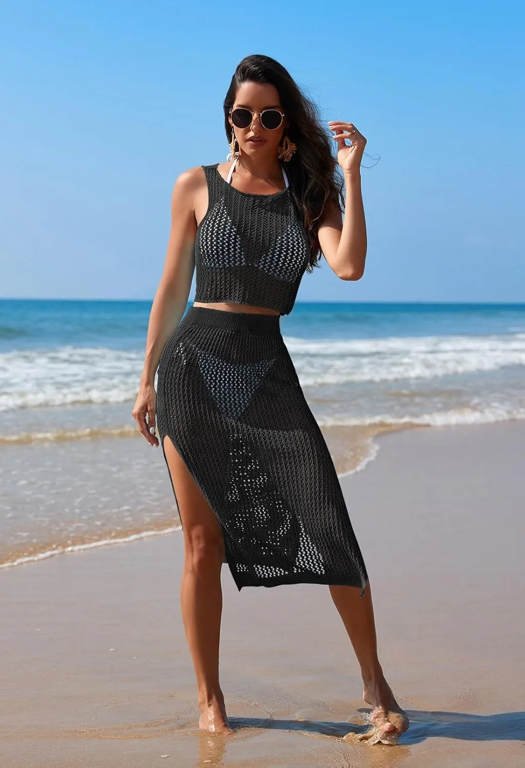 HUUSA Women's 2 Piece Crochet Swimsuit Coverups Hollow Out Bikini Bathing Suit Cover Up Swimwear Mesh Beach Slit Skirt Set