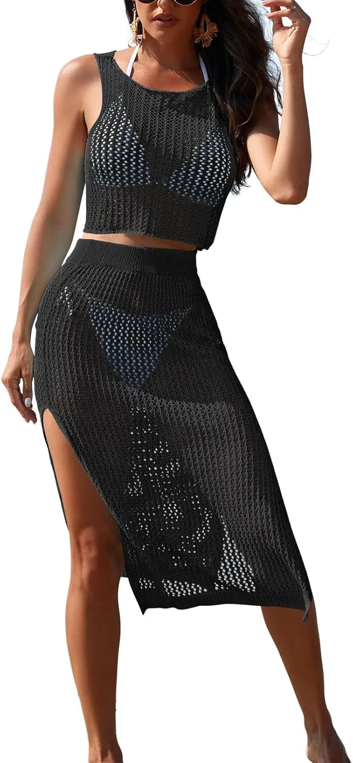 HUUSA Women's 2 Piece Crochet Swimsuit Coverups Hollow Out Bikini Bathing Suit Cover Up Swimwear Mesh Beach Slit Skirt Set