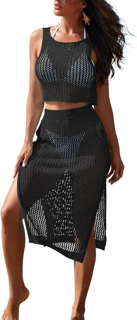 HUUSA Women's 2 Piece Crochet Swimsuit Coverups Hollow Out Bikini Bathing Suit Cover Up Swimwear Mesh Beach Slit Skirt Set