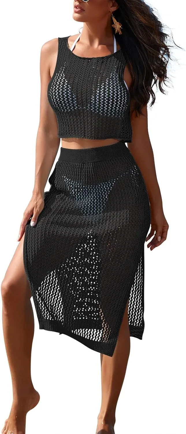 HUUSA Women's 2 Piece Crochet Swimsuit Coverups Hollow Out Bikini Bathing Suit Cover Up Swimwear Mesh Beach Slit Skirt Set