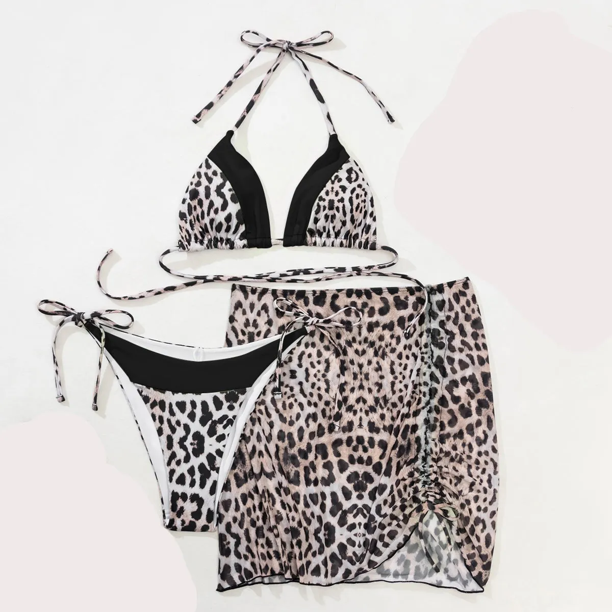 Iconix Sexy Two-Tone Leopard Print Bikini 3 Piece Set - Black