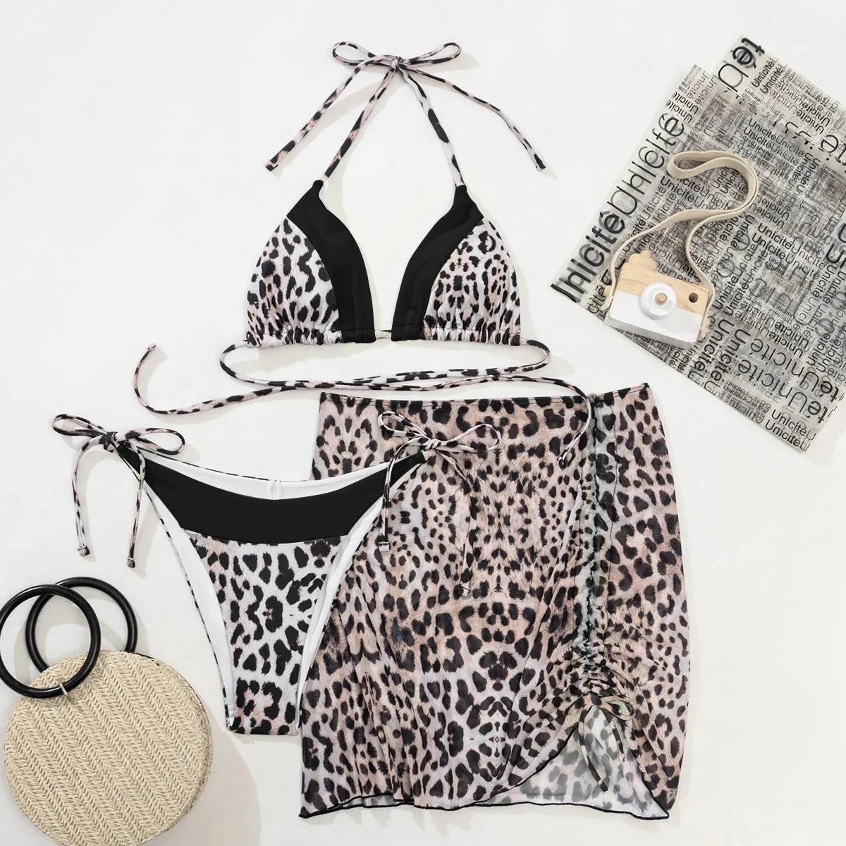 Iconix Sexy Two-Tone Leopard Print Bikini 3 Piece Set - Black