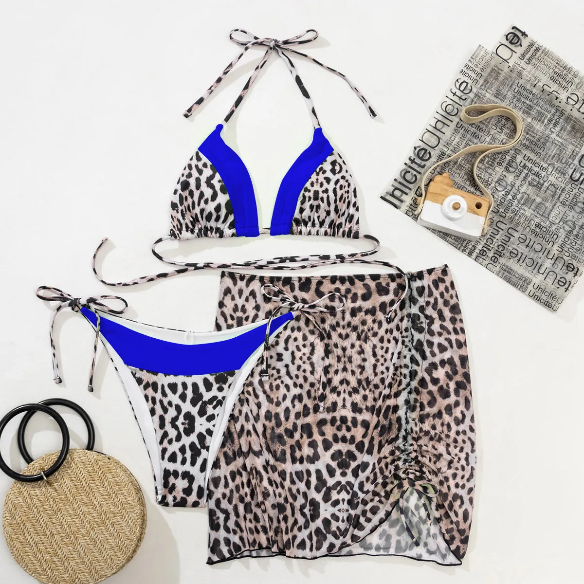 Iconix Sexy Two-Tone Leopard Print Bikini 3 Piece Set - Blue