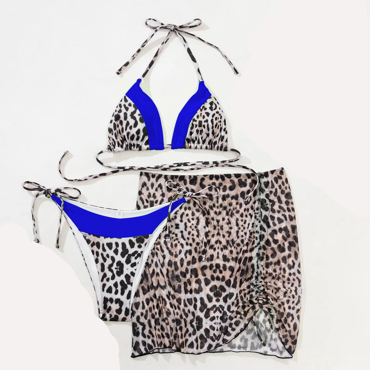 Iconix Sexy Two-Tone Leopard Print Bikini 3 Piece Set - Blue