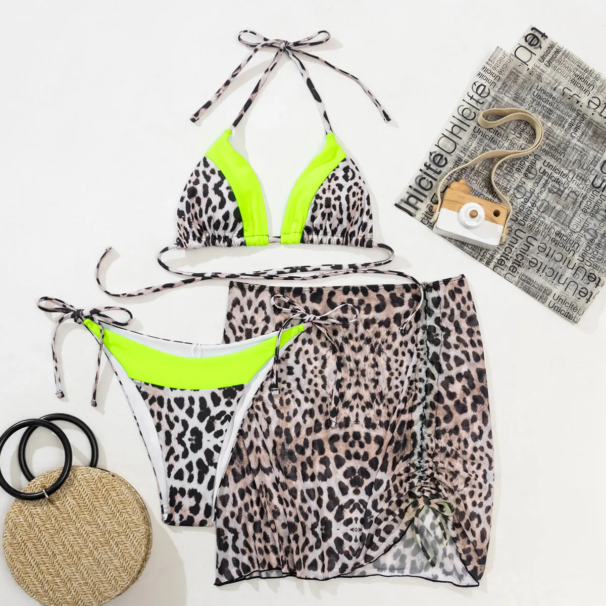 Iconix Sexy Two-Tone Leopard Print Bikini 3 Piece Set - Green