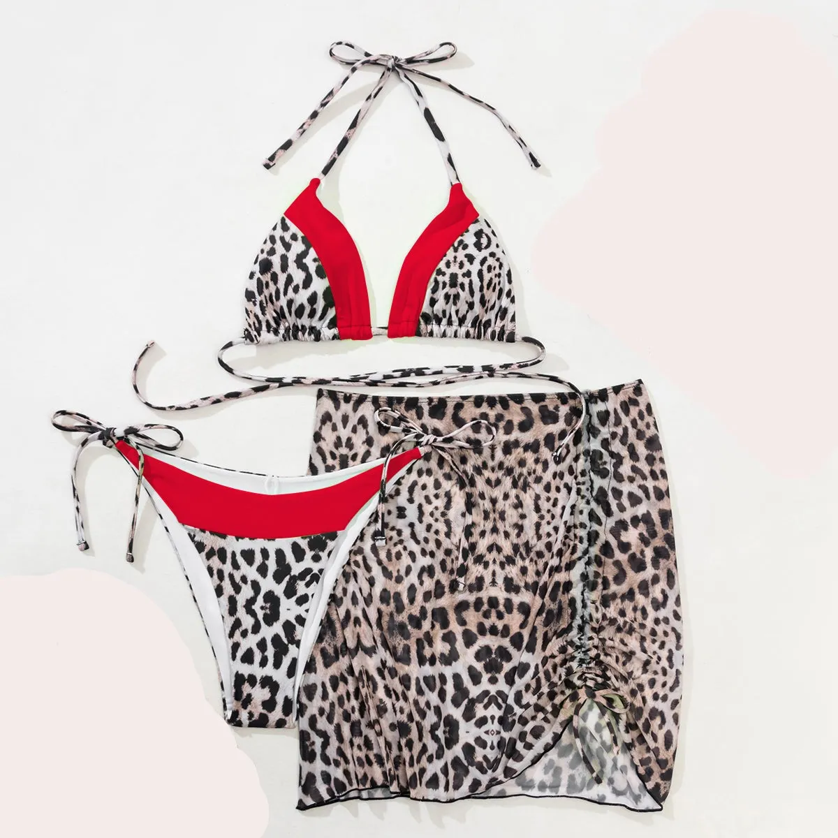 Iconix Sexy Two-Tone Leopard Print Bikini 3 Piece Set - Red