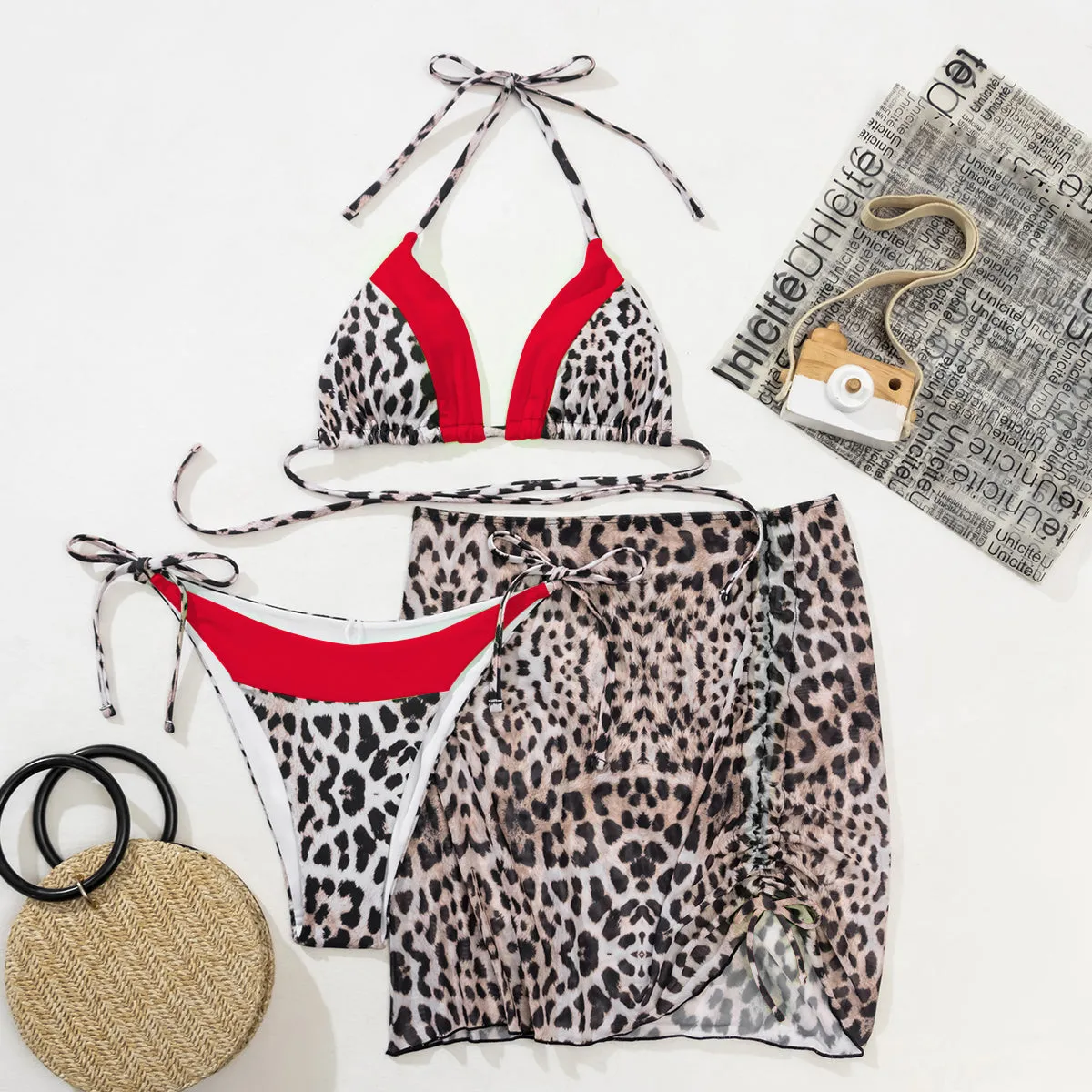 Iconix Sexy Two-Tone Leopard Print Bikini 3 Piece Set - Red