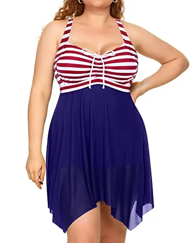 Irregular Hem Two Piece Swim Dress Boyshorts For Plus Size Women-Flag