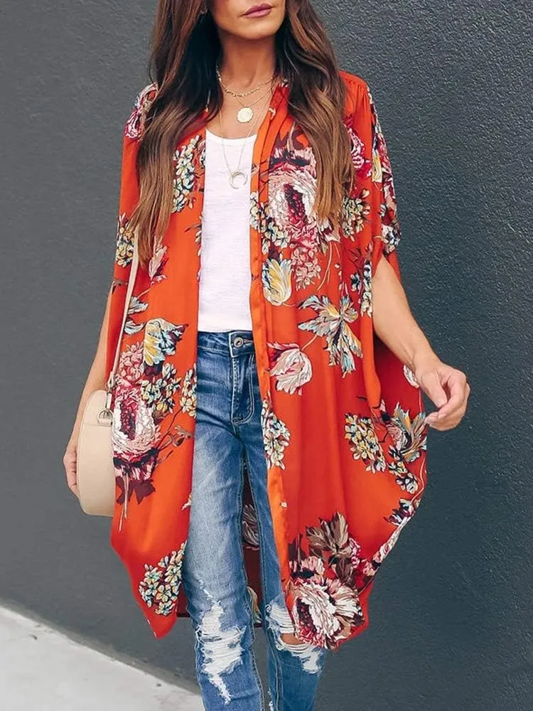 Ivay Womens Floral Kimono Duster Cardigans Short Sleeve Draped Oversized Beach Cover Up Cape