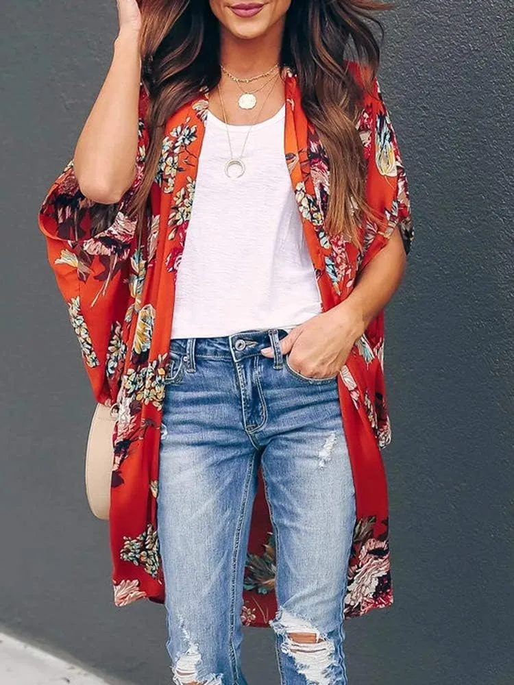 Ivay Womens Floral Kimono Duster Cardigans Short Sleeve Draped Oversized Beach Cover Up Cape