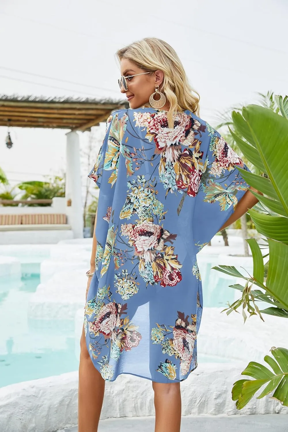 Ivay Womens Floral Kimono Duster Cardigans Short Sleeve Draped Oversized Beach Cover Up Cape