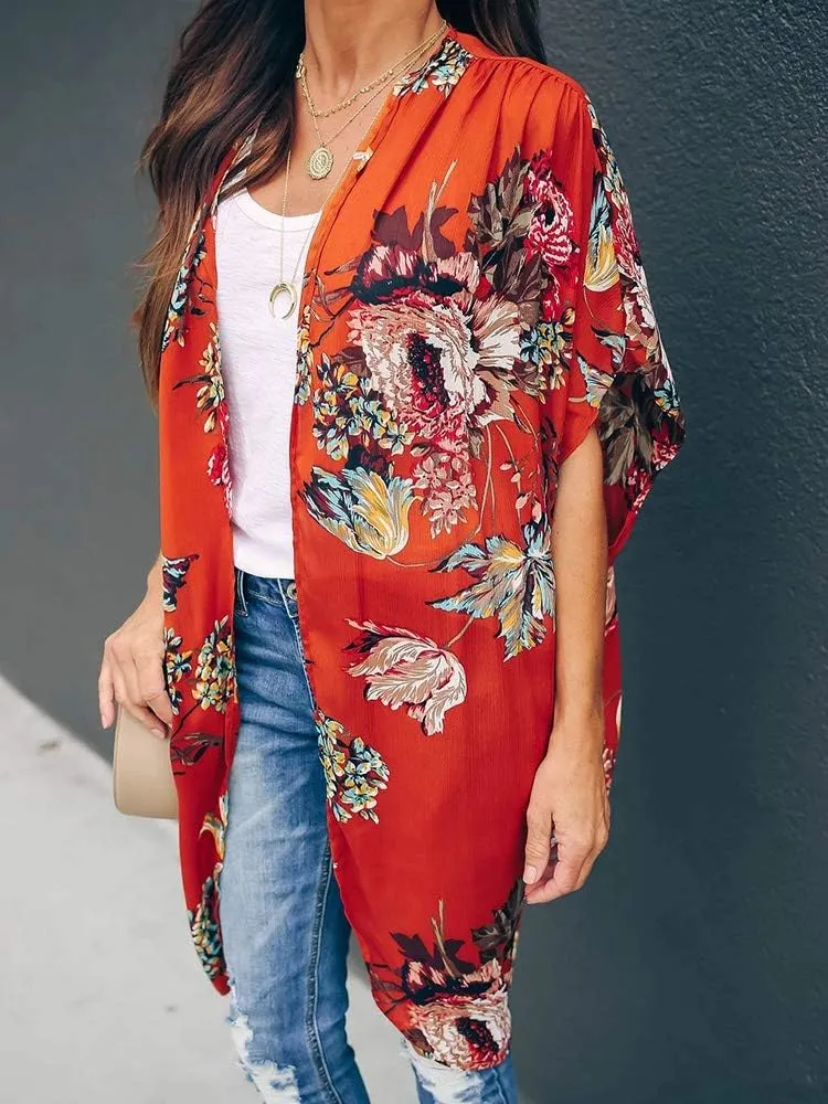 Ivay Womens Floral Kimono Duster Cardigans Short Sleeve Draped Oversized Beach Cover Up Cape