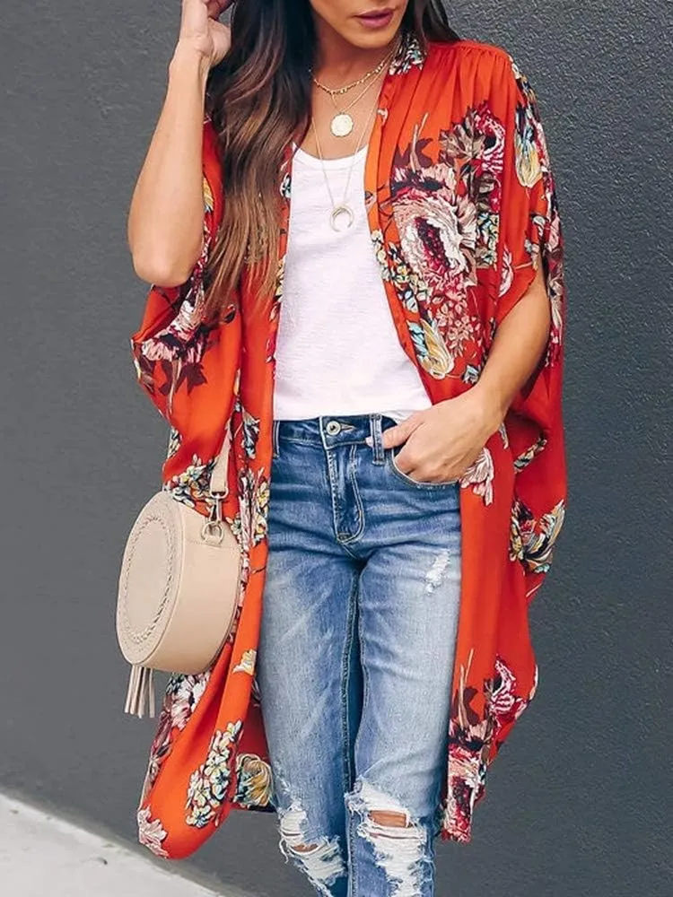Ivay Womens Floral Kimono Duster Cardigans Short Sleeve Draped Oversized Beach Cover Up Cape