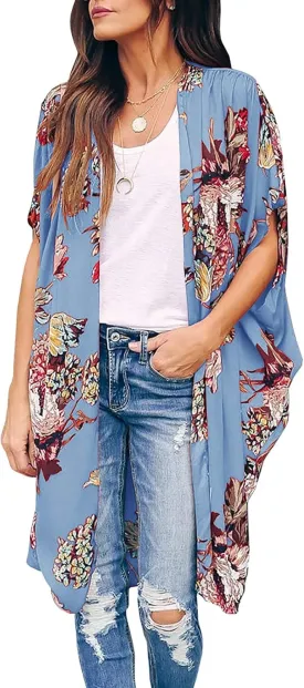 Ivay Womens Floral Kimono Duster Cardigans Short Sleeve Draped Oversized Beach Cover Up Cape