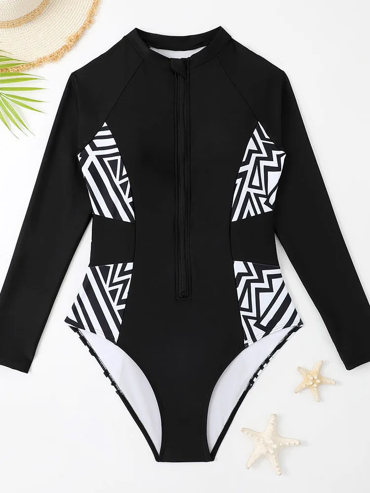 Leaf print long-sleeved sun protection one-piece zipper swimsuit surf suit