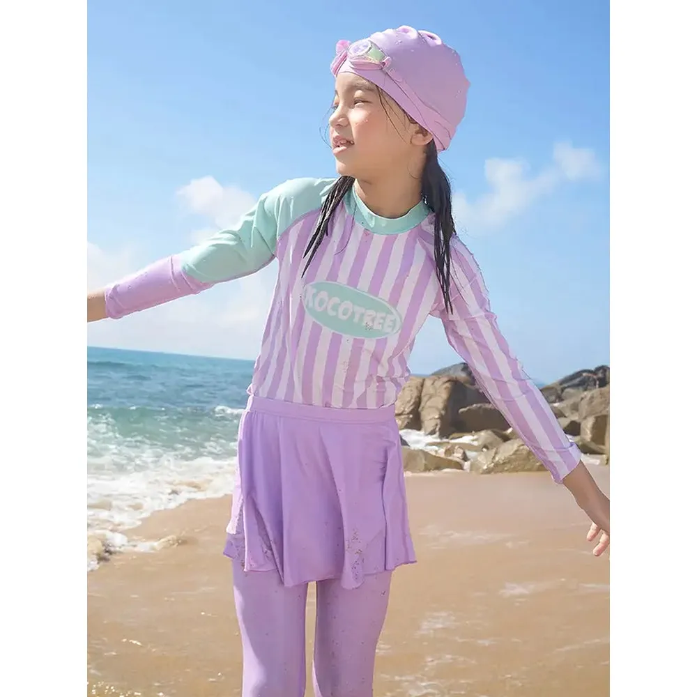 Little Surprise Box Purple & Mint Green Stripes 2pcs Full Length Swimsuit for Girls with UPF 50 
