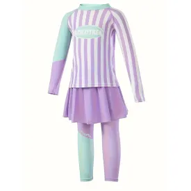 Little Surprise Box Purple & Mint Green Stripes 2pcs Full Length Swimsuit for Girls with UPF 50 