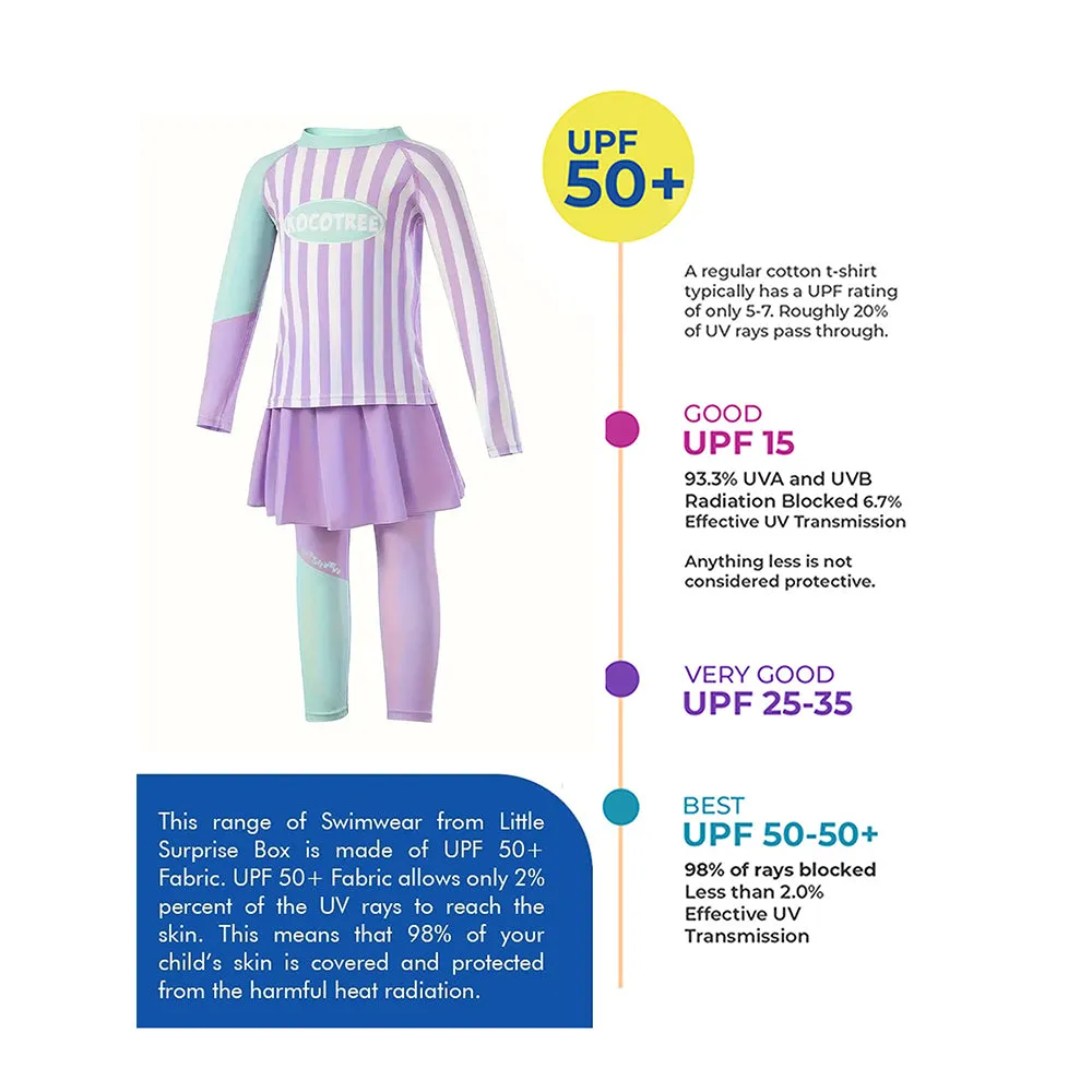 Little Surprise Box Purple & Mint Green Stripes 2pcs Full Length Swimsuit for Girls with UPF 50 