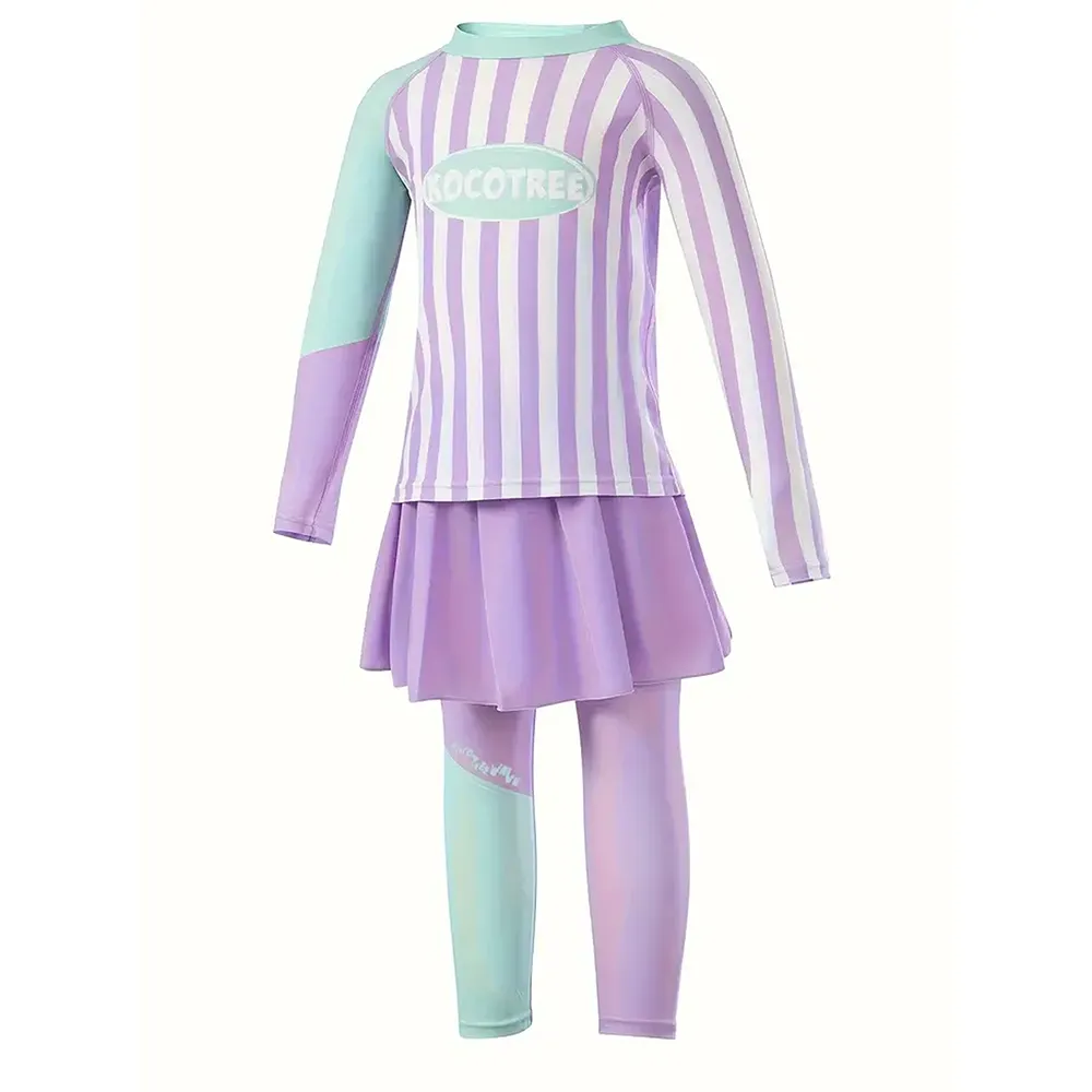 Little Surprise Box Purple & Mint Green Stripes 2pcs Full Length Swimsuit for Girls with UPF 50 
