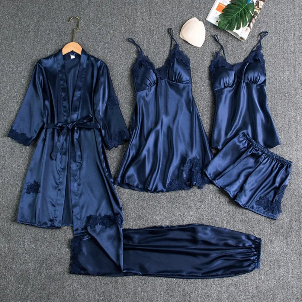 Luxurious Women's 5-Piece Silk Robe Sleep Suit Set – Premium Satin Pajama Ensemble