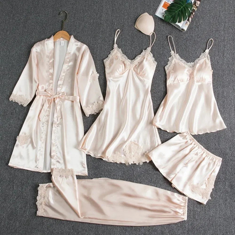 Luxurious Women's 5-Piece Silk Robe Sleep Suit Set – Premium Satin Pajama Ensemble