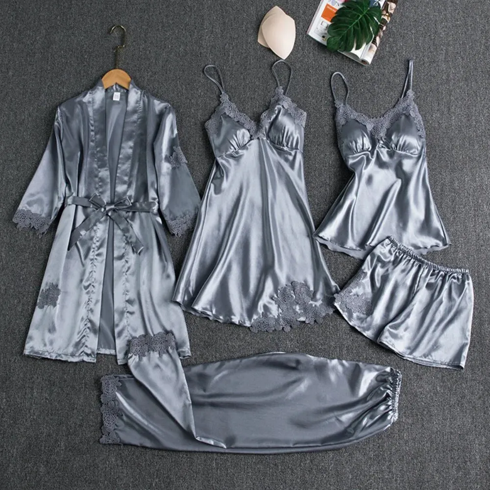Luxurious Women's 5-Piece Silk Robe Sleep Suit Set – Premium Satin Pajama Ensemble