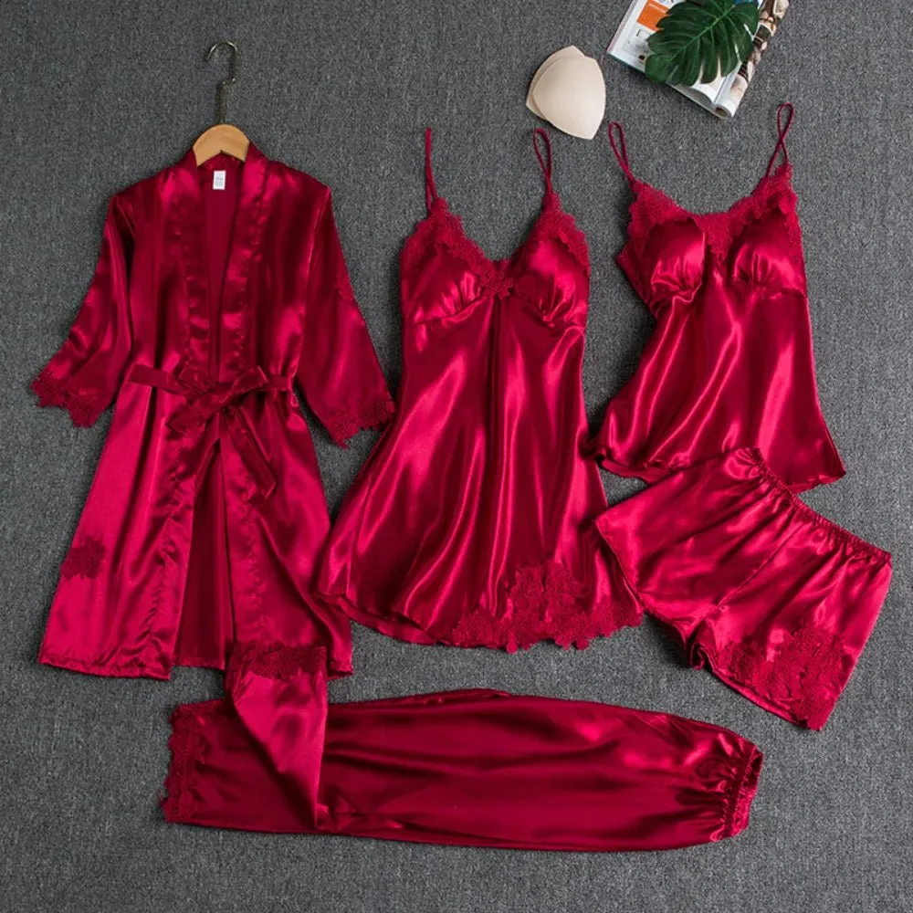Luxurious Women's 5-Piece Silk Robe Sleep Suit Set – Premium Satin Pajama Ensemble