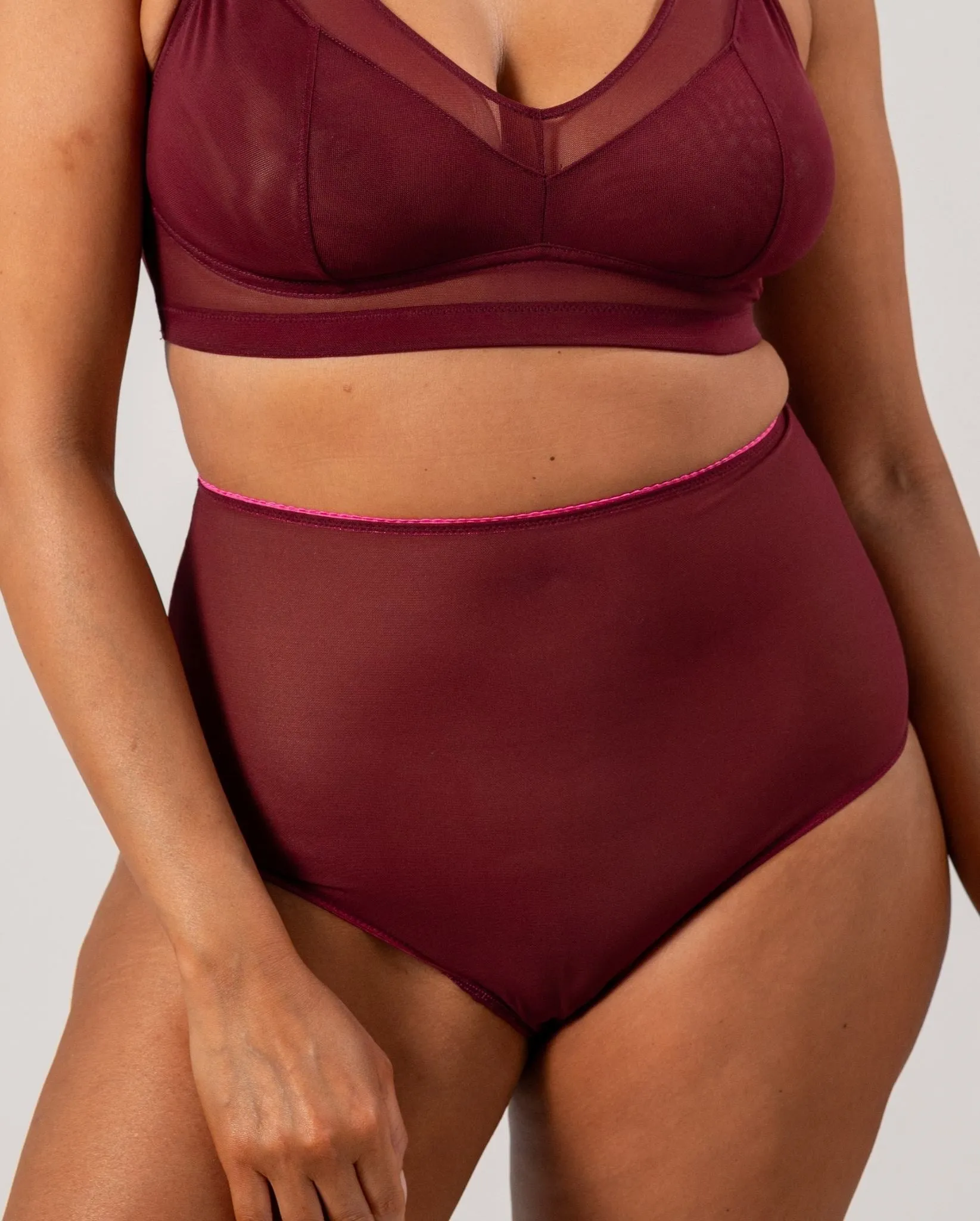 Mesh Highwaist Briefs Burgundy/Neon Pink