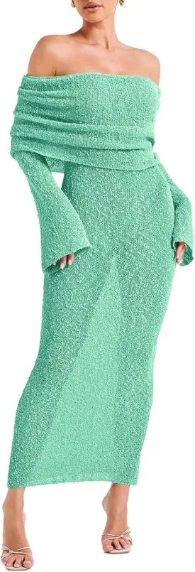 Off The Shoulder Maxi Dress Long Sleeve Beach Crochet Cover Up Summer Sexy Maxi Dresses S-2XL