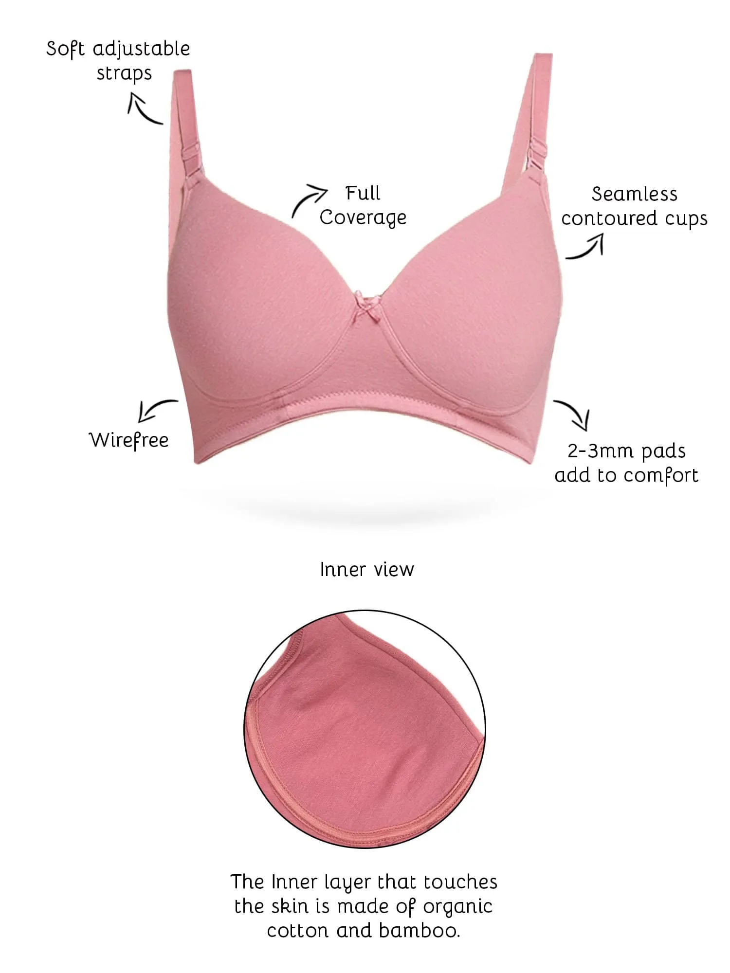 Organic Cotton  Antimicrobial Wire-free Padded Bra (Pack of 2)-ISB068-Mauve_Coral Pink-