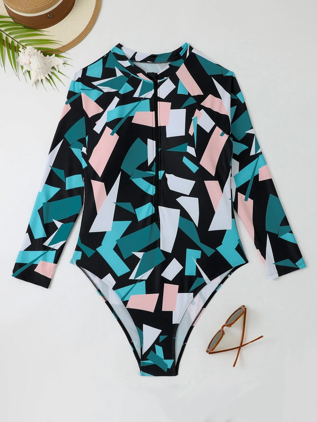 Plus Irregular Geometric Blue Print Long Sleeve Swimsuit UPF50  Rash Guard