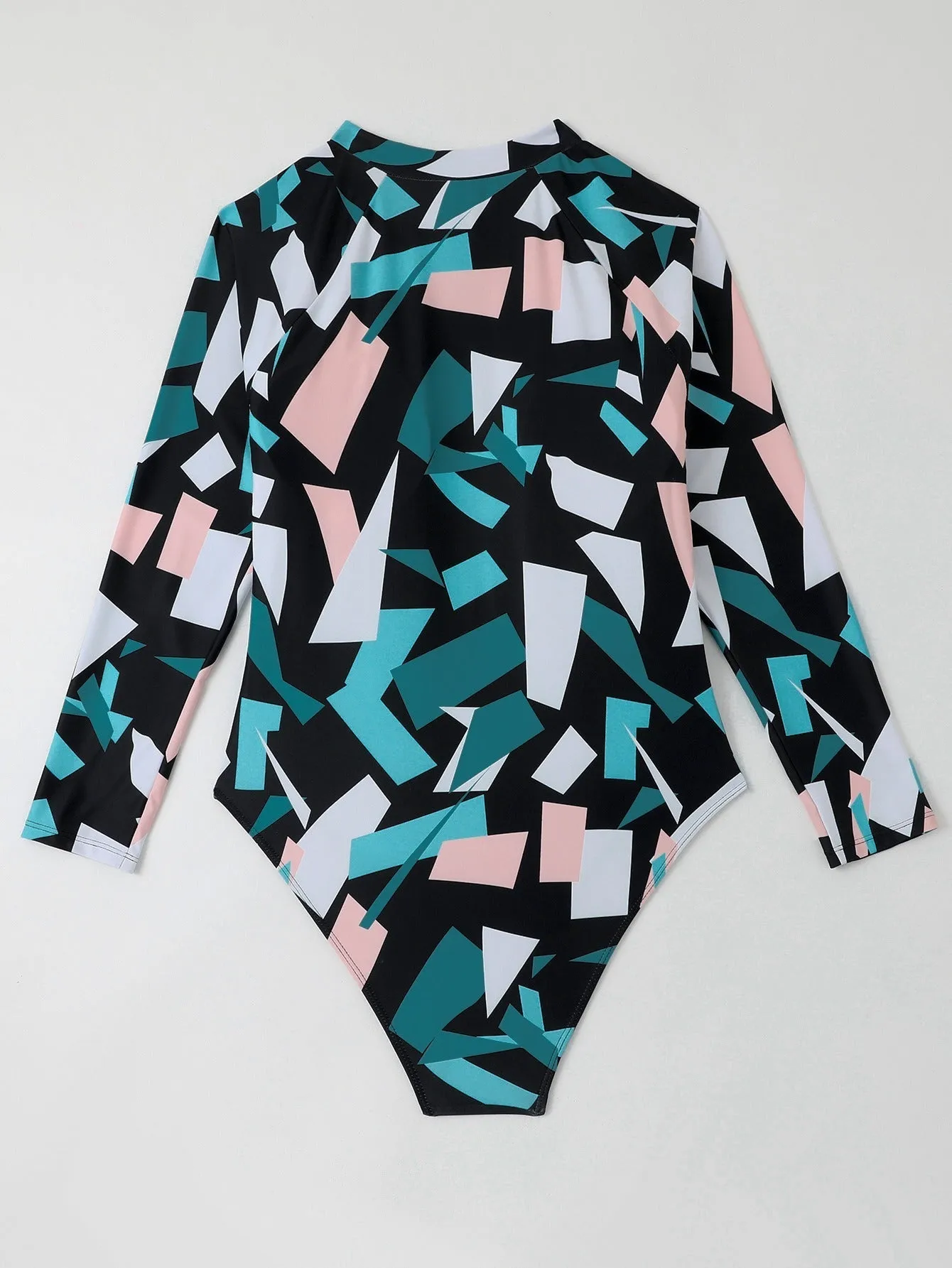 Plus Irregular Geometric Blue Print Long Sleeve Swimsuit UPF50  Rash Guard