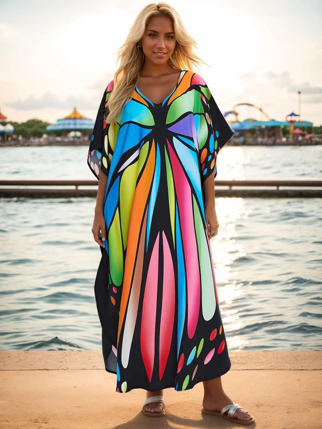 Plus Size Kaftan Dress for Women: Bohemian Style Beach Cover-Up, Lightweight Maxi Summer Dress, One Size (US S-4XL)