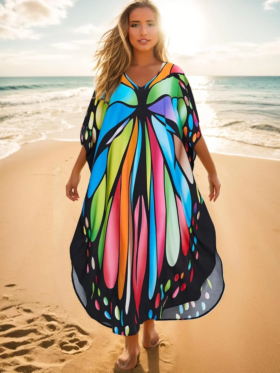 Plus Size Kaftan Dress for Women: Bohemian Style Beach Cover-Up, Lightweight Maxi Summer Dress, One Size (US S-4XL)