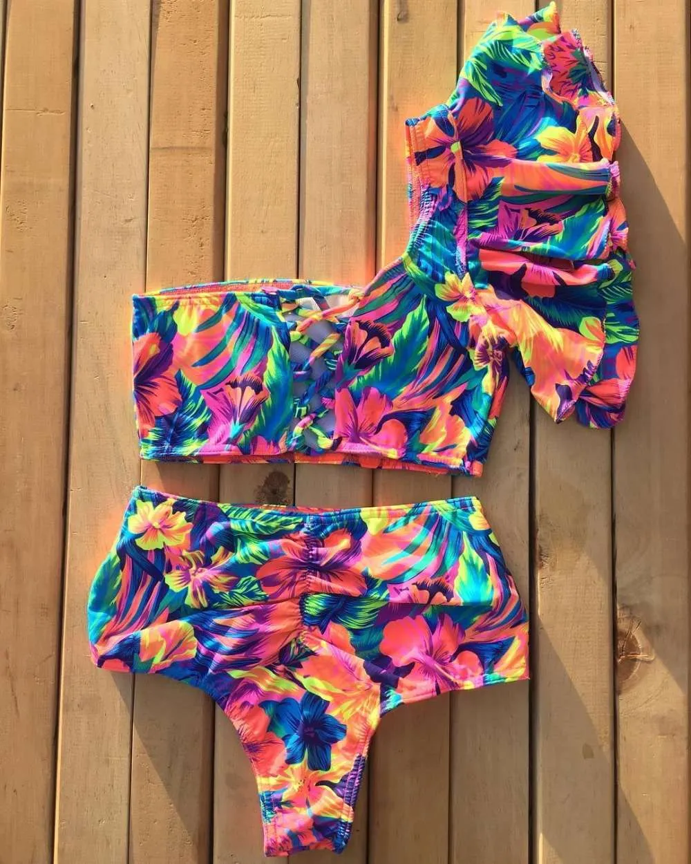 Retro High Waist Floral Bikini One-shoulder Ruffled Print Swimsuit