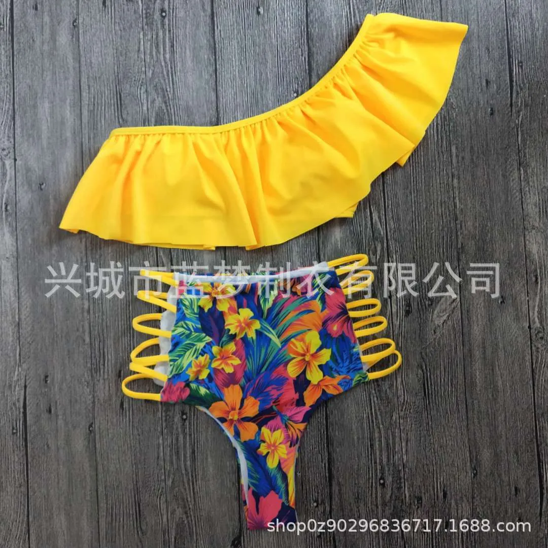 Retro High Waist Floral Bikini One-shoulder Ruffled Print Swimsuit