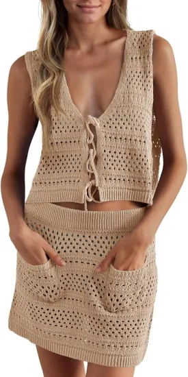 Saodimallsu Womens Crochet Swim Cover Up 2 Piece V Neck Sleeveless Front Tie Crop Tops Beach Mini Skirt Coverup Set