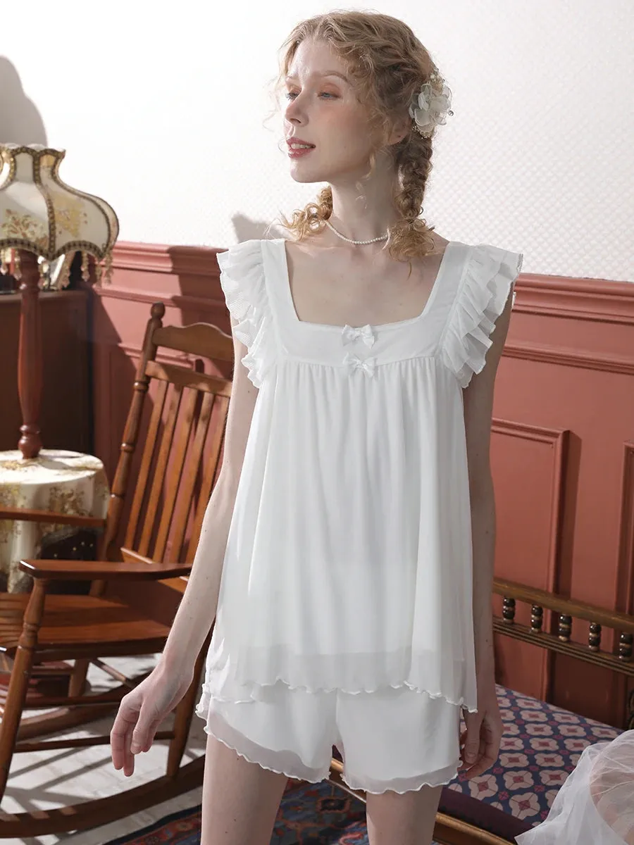 Slessic Mesh Ruffled Edge Bow Wide Sling Camisole Pajamas Set