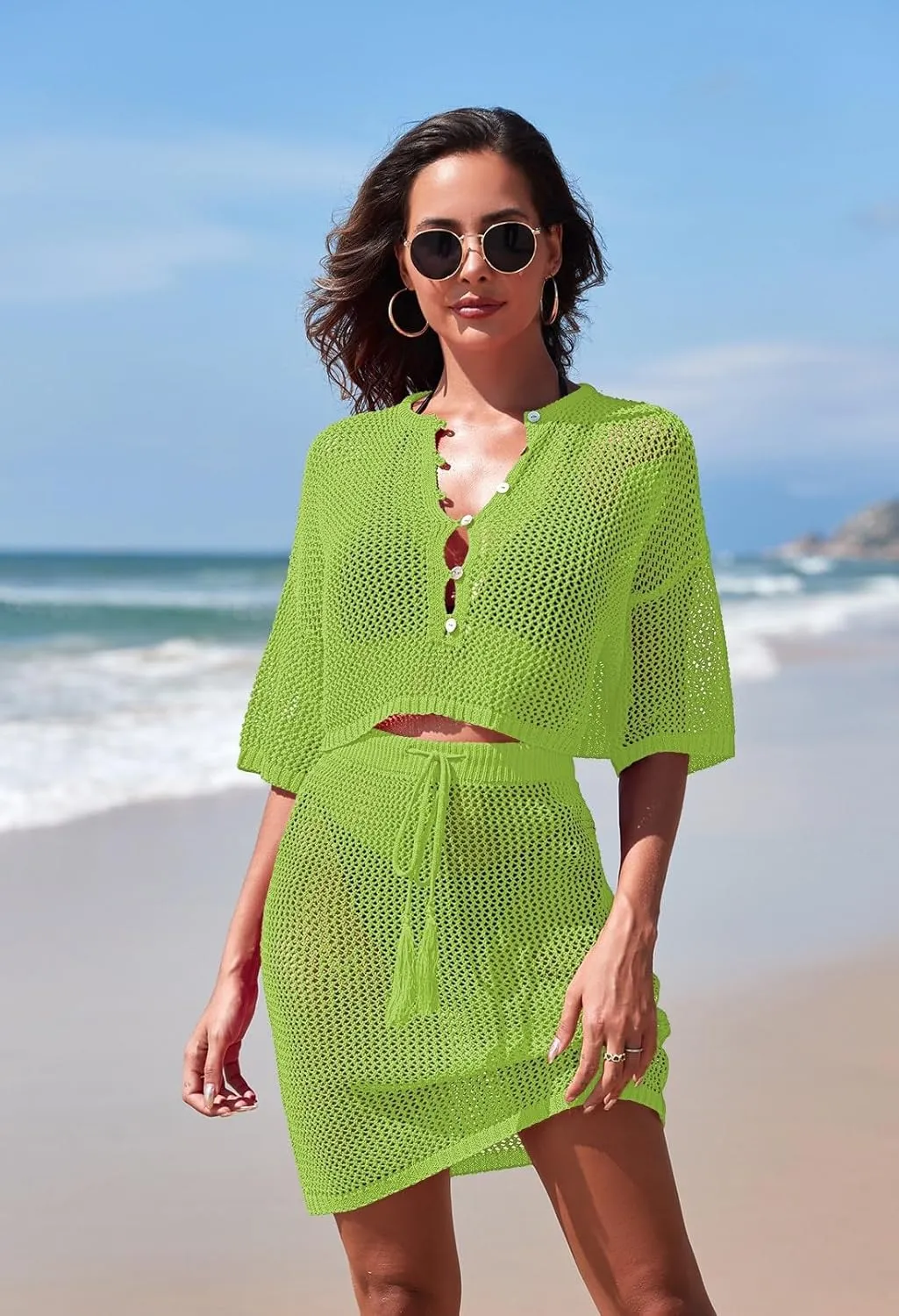 Sovoyontee Women's 2 Piece Swimsuit Coverup Crochet Hollow Out Bathing Suit Swim Beach Cover Up Crop Top Skirt Sets