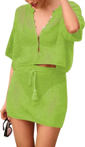 Sovoyontee Women's 2 Piece Swimsuit Coverup Crochet Hollow Out Bathing Suit Swim Beach Cover Up Crop Top Skirt Sets