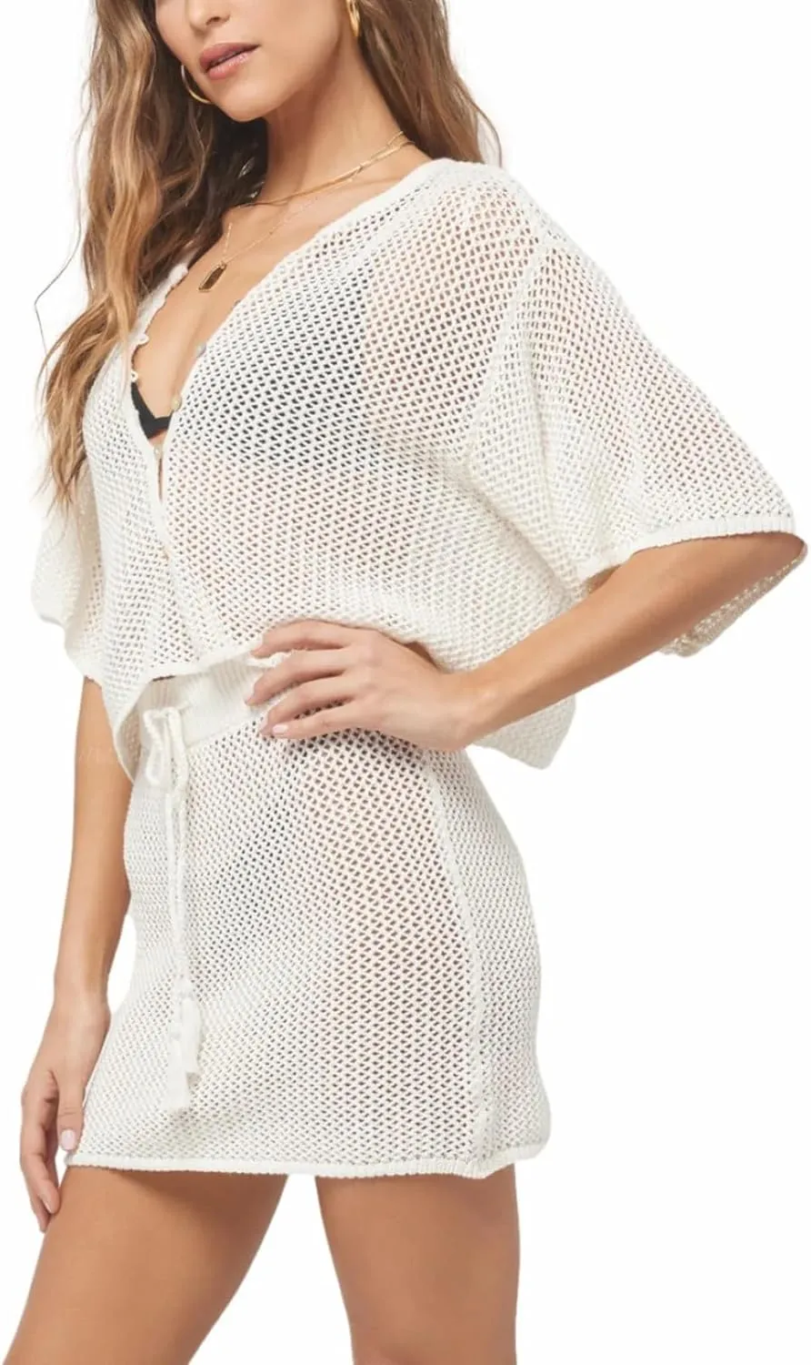 Sovoyontee Women's 2 Piece Swimsuit Coverup Crochet Hollow Out Bathing Suit Swim Beach Cover Up Crop Top Skirt Sets