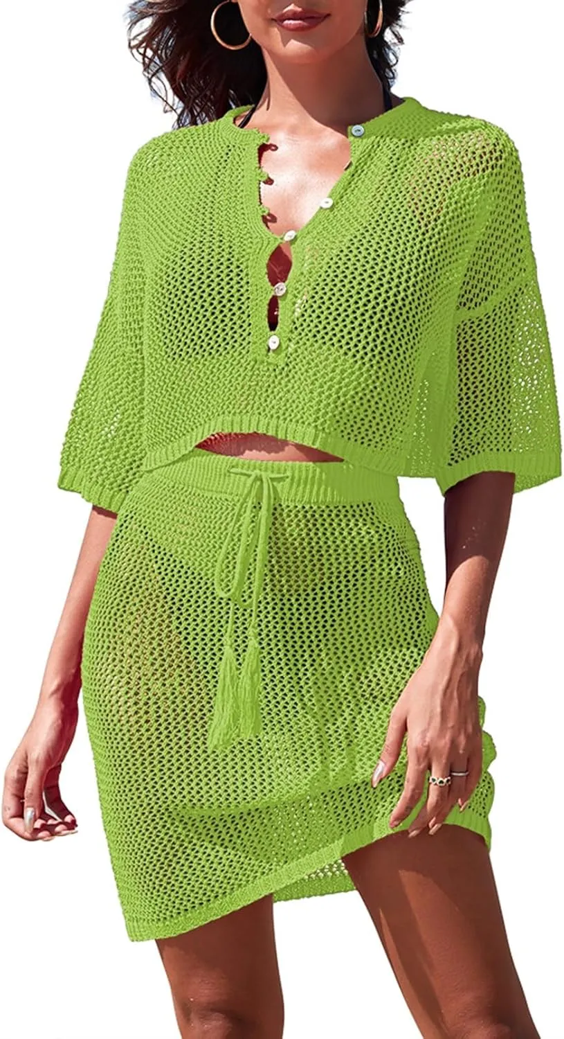 Sovoyontee Women's 2 Piece Swimsuit Coverup Crochet Hollow Out Bathing Suit Swim Beach Cover Up Crop Top Skirt Sets