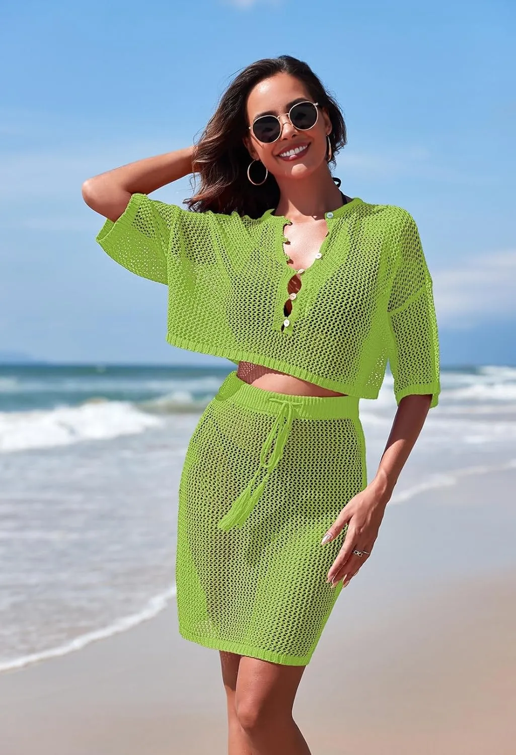Sovoyontee Women's 2 Piece Swimsuit Coverup Crochet Hollow Out Bathing Suit Swim Beach Cover Up Crop Top Skirt Sets